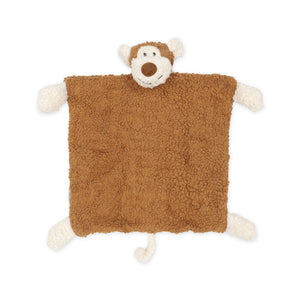 Brown teddy bear blanket with a bear face and limbs on the corners, soft texture.
