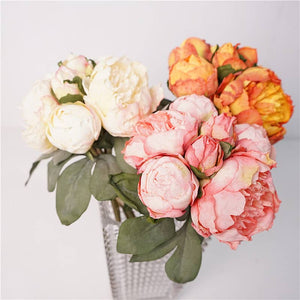 Silk peony floral bouquet with 7 stems, 12-inch size, from Sweet Home Deco, featuring realistic spring peony flowers.