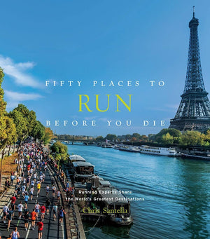 Runners by the Seine, with the Eiffel Tower and blue sky in the background.