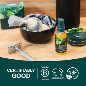Badger Organic Beard Balm for facial hair styling, featuring natural ingredients and a soothing, nourishing formula for beard care.