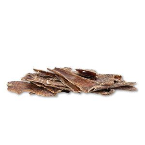 Jojo Modern Pets all-natural beef gullet flats dog treats, 5-6 inch, showing stacked, chewy dog treats in a bag.