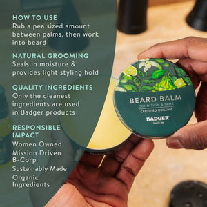 Badger organic beard balm for facial hair styling, featuring natural ingredients and a soothing, smooth texture for grooming.