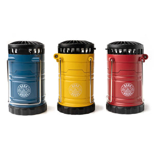 Rechargeable DM Merchandising light lantern and fan 2-in-1 device, showing the compact design and handle for portable use.