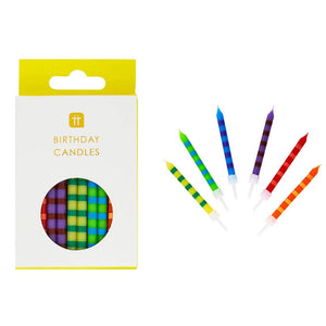 Striped multicolor birthday cake candles, Talking Tables USA, 24-pack, perfect for celebration decor and festive cakes.