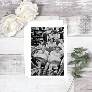 Raven's Rest Studio greeting card with humorous message "Sometimes I laugh so hard..." featuring playful handwritten-style text.