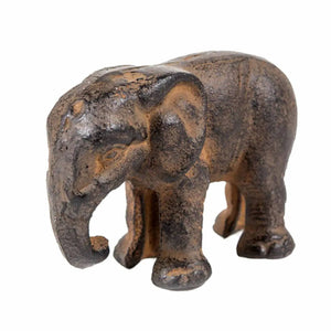 Decor cast iron elephant figurine by Vagabond Vintage, showing detailed elephant sculpture with textured surface and antique finish.
