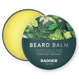 Organic Badger Beard Balm for styling facial hair, featuring natural ingredients and a smooth, nourishing texture.