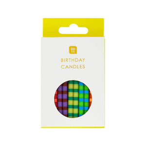 Striped multicolor birthday cake candles from Talking Tables USA, 24-pack, for festive celebrations and decorative table settings.