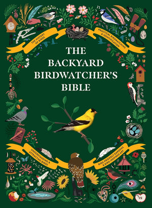 Open copy of "The Backyard Birdwatcher's Bible" book by Abrams with bird illustrations and detailed birdwatching tips.