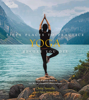 Cover of Abrams' book "Fifty Places to Practice Yoga Before You Die," featuring a serene yoga pose on a peaceful outdoor background.