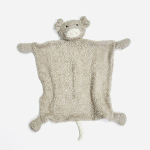 Gray plush animal comforter with a pig face, ears, and four stumpy limbs on a white background.