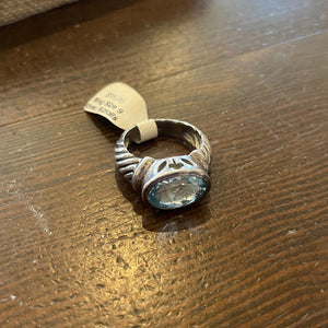 JEWELRY-Ring Size 9 Sterling Silver Band, Scrolls w/ lucky charm, Wide Band, Purple Blue Stone
