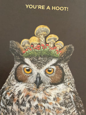 Hoot owl greeting card with foil accents from HnC, featuring a charming owl illustration on a white background.