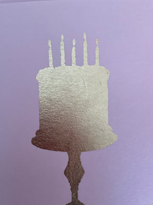 Light pink birthday cake greeting card by HnC featuring a festive cake illustration, measuring 4.25 x 5.5 inches.