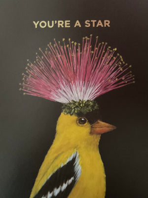 Goldfinch greeting card from HnC featuring a star design, measuring 4.25 x 5.5 inches, with vibrant artwork and elegant details.