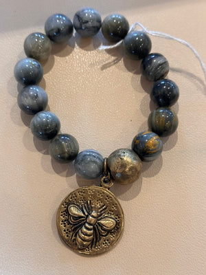 JEWELRY-Bracelet Grey Beads With Honey Bee, Aventurine,Lula N Lee - Pleasant Beach Living