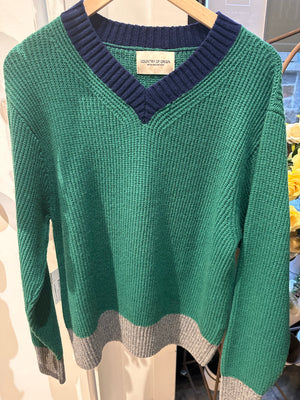CLOTHING- SWEATER- Lambswool, Green Body with Blue Collar - Pleasant Beach Living