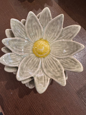 Small flower-shaped dinner plate by CCOI with reactive glaze finish, showcasing intricate floral design and vibrant glaze details.