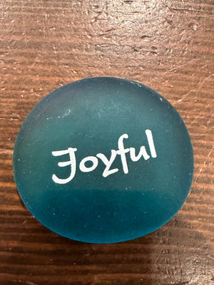 Imprinted glass sea stones with words in a bowl display, 60-piece set by SHOPGIVECOURAGE, featuring smooth, colorful decorative stones.
