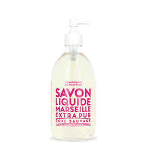 Liquid Marseille soap with wild rose scent in a glass bottle, displayed with the StephanYoung brand label.