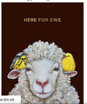HnC Ewe greeting card featuring a cute illustration of a sheep with the message "Here for Ewe," 4.25 x 5.5 inches.