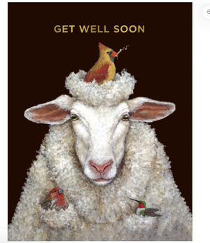 HnC get well sheep greeting card with cute sheep illustration and cheerful message to wish someone a speedy recovery.