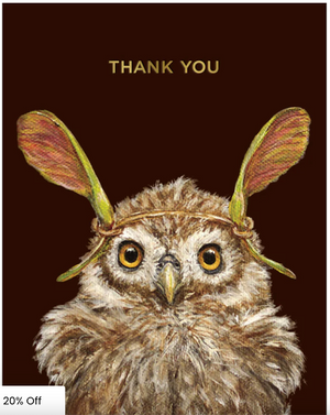Thank You Owl greeting card by HnC featuring gold foil accents and a cute owl design on a white background.