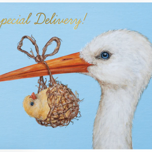 Gold foil baby stork greeting card with "Special Delivery" message, featuring a stork illustration for new baby congratulations.