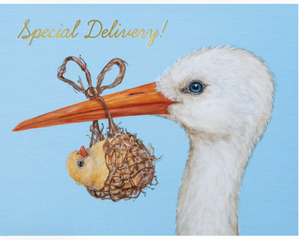 Gold foil baby stork greeting card with "Special Delivery" message, featuring a stork illustration for new baby congratulations.