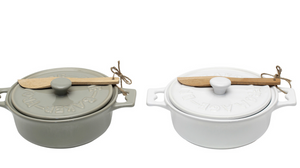Set of two CCOI Brie bakers with lids and spreaders for cooking and baking, featuring ceramic construction and decorative design.