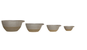 Set of four CCOI stoneware batter bowls with colorful glaze, round shape, and smooth finish for baking and mixing.
