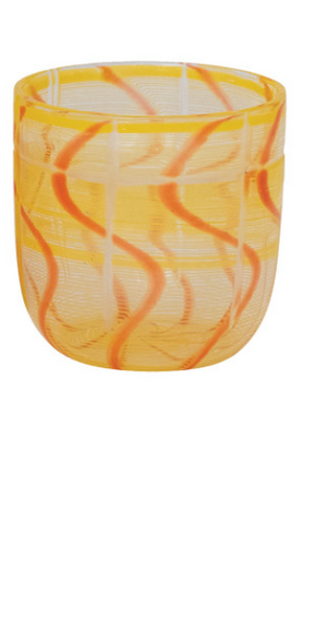 Clear drinking glass with blue and white striped wave design, featuring a smooth rim and cylindrical shape, by CCOI.
