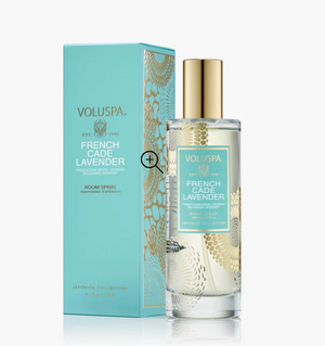 StephanYoung French Cade Lavender room spray by Voluspa, featuring a sleek bottle with lavender and cedarwood scent.