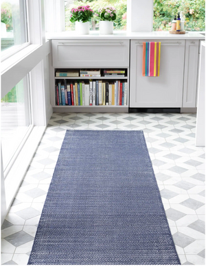 Herringbone indigo indoor/outdoor rug by AnS, 2x3 feet, showcasing the stylish blue and neutral pattern suitable for various spaces.