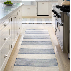 Handwoven navy cotton rug by La Mirada, measuring 2x3 feet, featuring a stylish dash and Albert pattern from AnS.