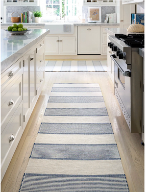 Handwoven navy cotton rug by La Mirada, measuring 2x3 feet, featuring a stylish dash and Albert pattern from AnS.