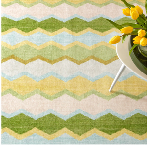 Green washable safety net rug by AnS featuring a dash and Albert pattern, measuring 2x3 feet.
