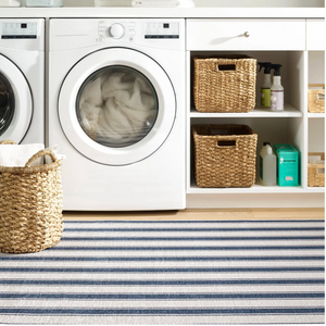 Blue awning stripe machine washable rug by AnS, 3x5 feet, featuring a stylish dash and Albert pattern on a durable fabric surface.