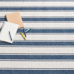 Blue awning stripe machine washable rug by AnS, 3x5 feet, featuring a stylish dash and Albert design with bold blue and white stripes.