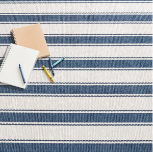 Blue awning stripe machine washable rug by AnS, 3x5 feet, featuring a stylish dash and Albert design with bold blue and white stripes.