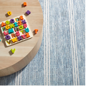 AnS Malta Blue machine washable rug, 2x3 feet, featuring a modern dash and Albert pattern in vibrant blue colors.