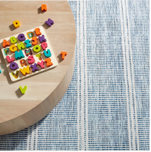 AnS Malta Blue machine washable rug, 2x3 feet, featuring a modern dash and Albert pattern in vibrant blue colors.