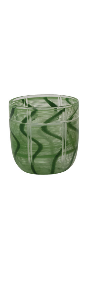 Clear drinking glass with blue and white stripe and wave design, part of CCOI's collection of stylish drinking glasses.
