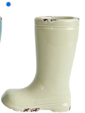 Distressed stoneware boot vase in four colors, decorative CCOI vase with rustic finish and unique boot shape for floral arrangements.