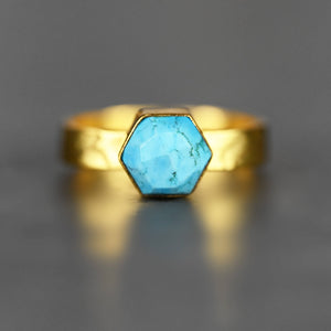 JEWELRY-RING, Turquoise  Hexagon  Hand Hammered Band- - Pleasant Beach Living