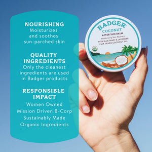Badger Coconut After Sun Balm soothing sunburn relief with coconut and natural ingredients in a jar.