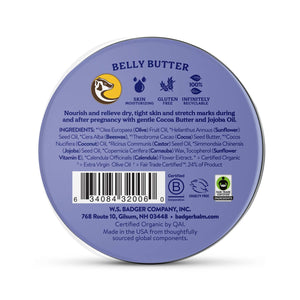 Organic Badger Belly Butter stretch mark cream for pregnant women, featuring nourishing ingredients in a jar.