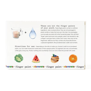 Shelf-stable, non-toxic finger paints for kids by elseware unplug / eco-kids, shown in colorful containers with a textured paint surface.