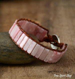 JEWELRY- BRACELET-Natural Pink Opal Stone Leather Wrap Bracelet - Pleasant Beach Living