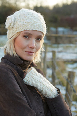 CLOTHING-Chamonix - Cream Cable Knit Crocheted Flower Beanie Hat - Pleasant Beach Living